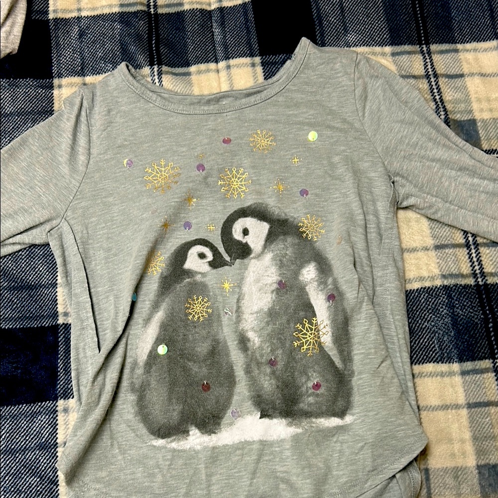 Gray Penguin Graphic Long Sleeve Shirt
